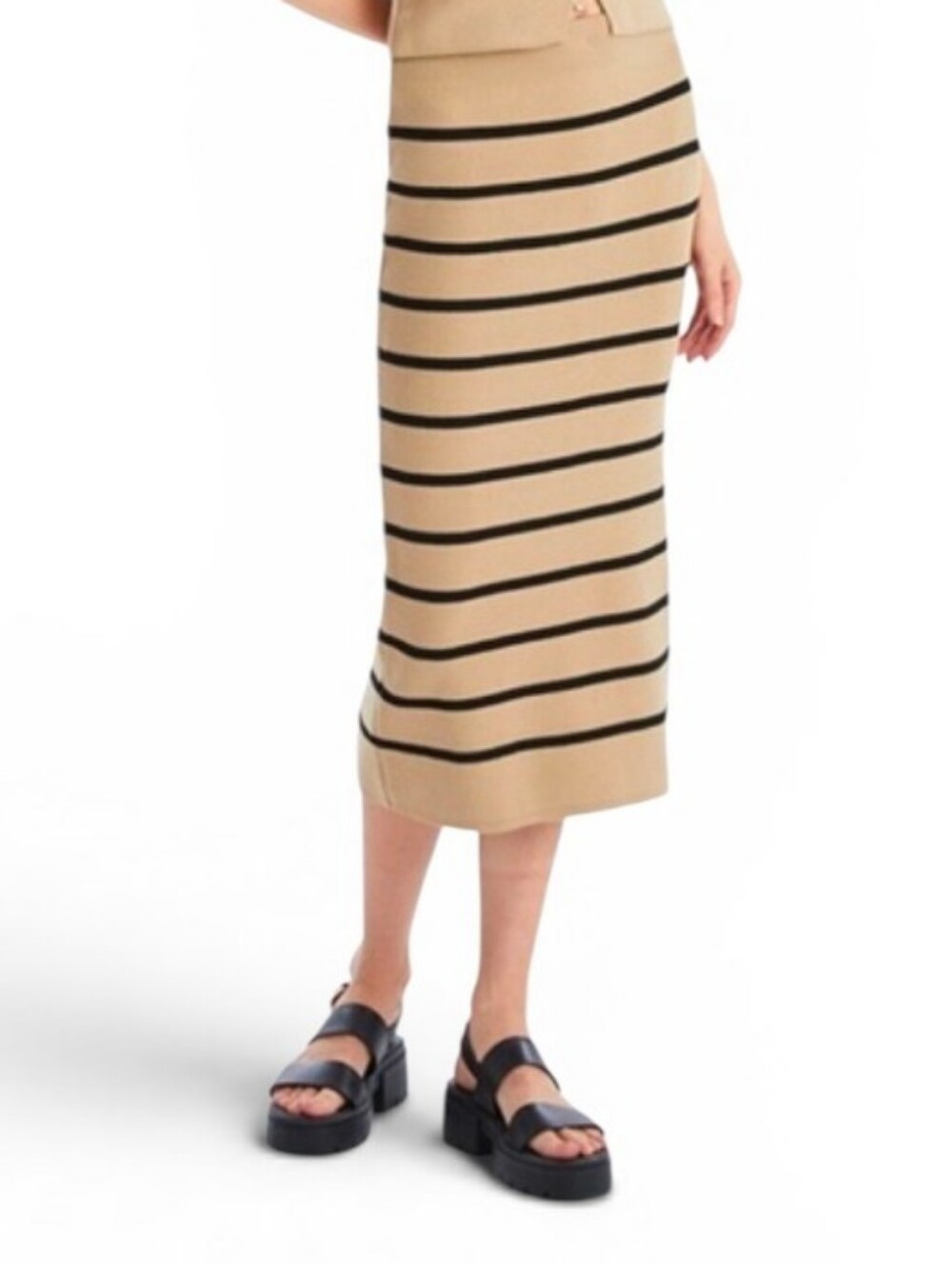 JOIE Tan & Black Striped Knit Pull On Side Slit Midi Skirt - Large